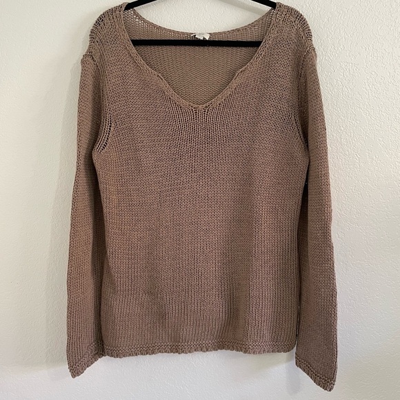 J.JILL XL Mocha Open Knit V Neck Long Sleeve Sweater 100% Cotton - Picture 1 of 7